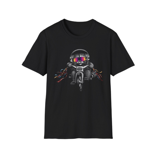 Big Wheel Raccon with Oakleys and Active Noise Canceling (ANC) headphones ‑Shirt — Retro Biker Tee