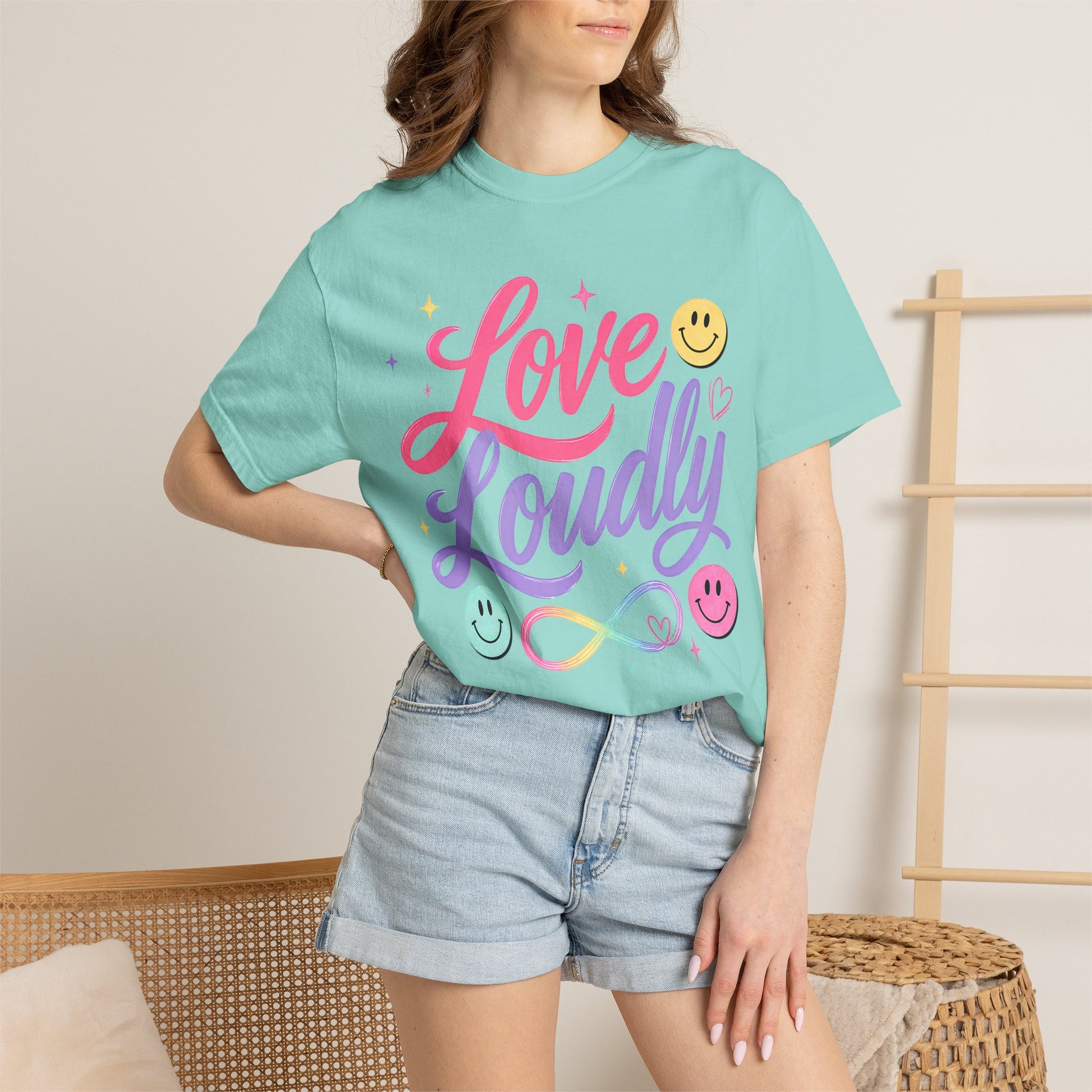 Love Loudly Graphic T‑Shirt — Rainbow Smiley Retro Script Tee image 15