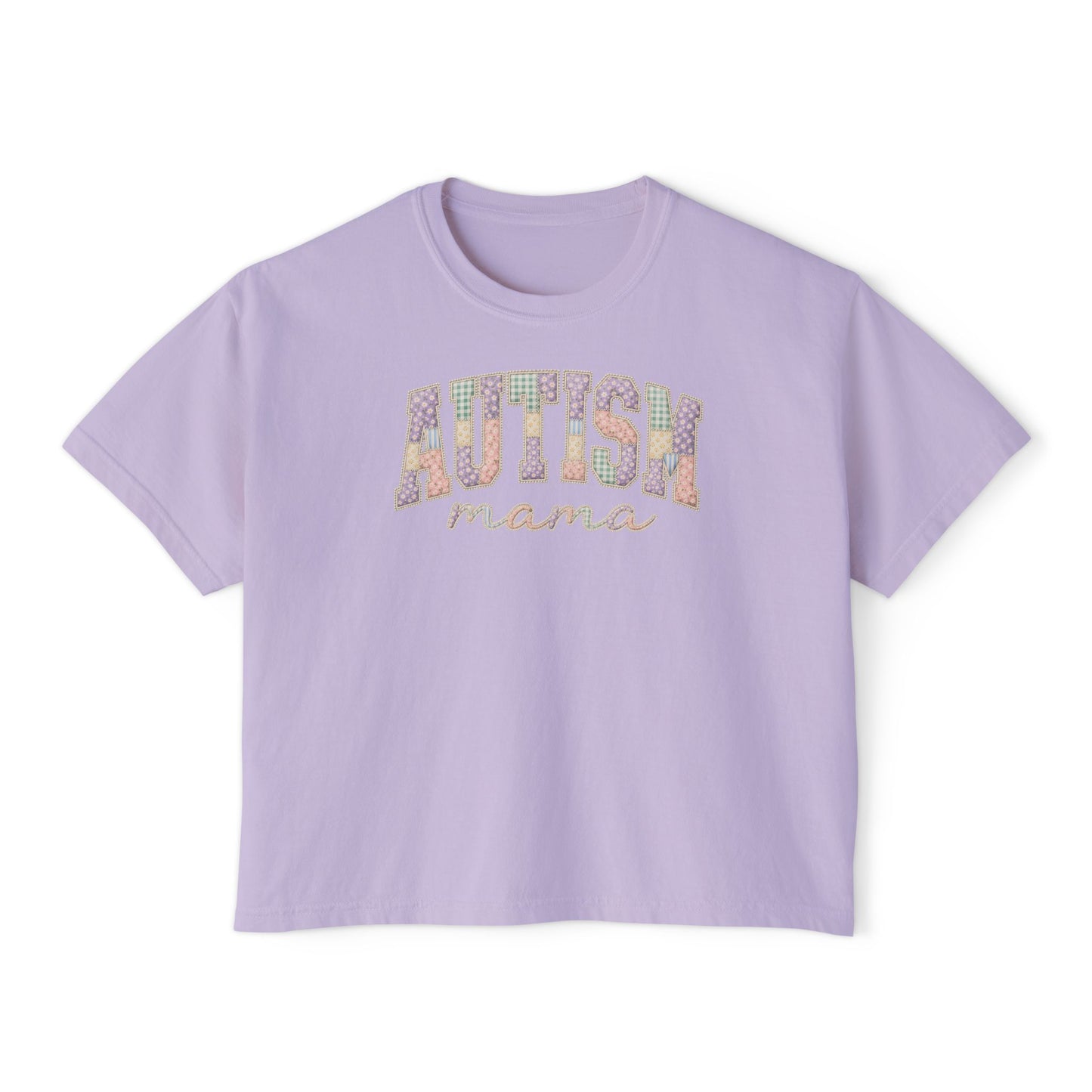 Autism Mama Boxy Tee — Pastel Patchwork Lettering T‑Shirt image