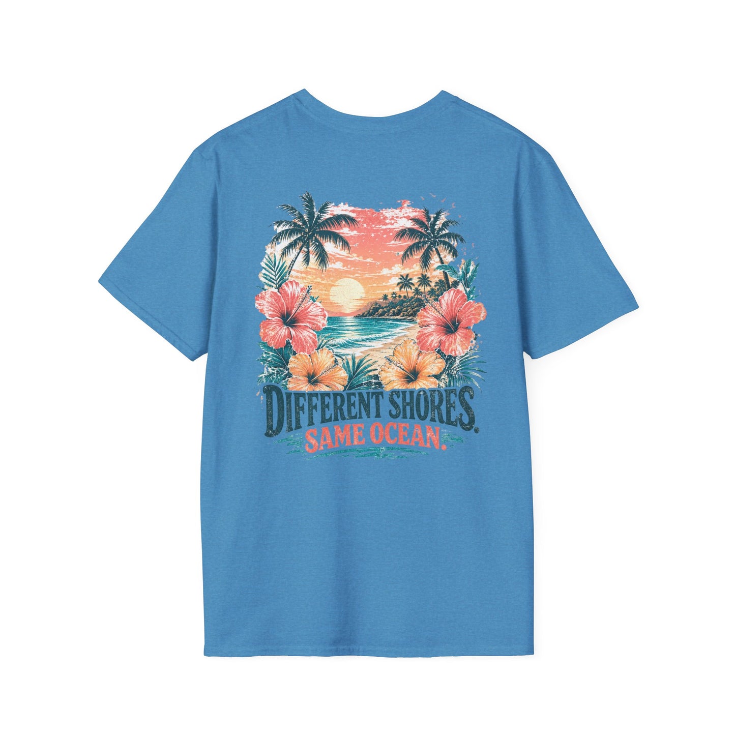 "Different Shores, Same Ocean" Hibiscus Flower Beach Sunset Graphic T-Shirt