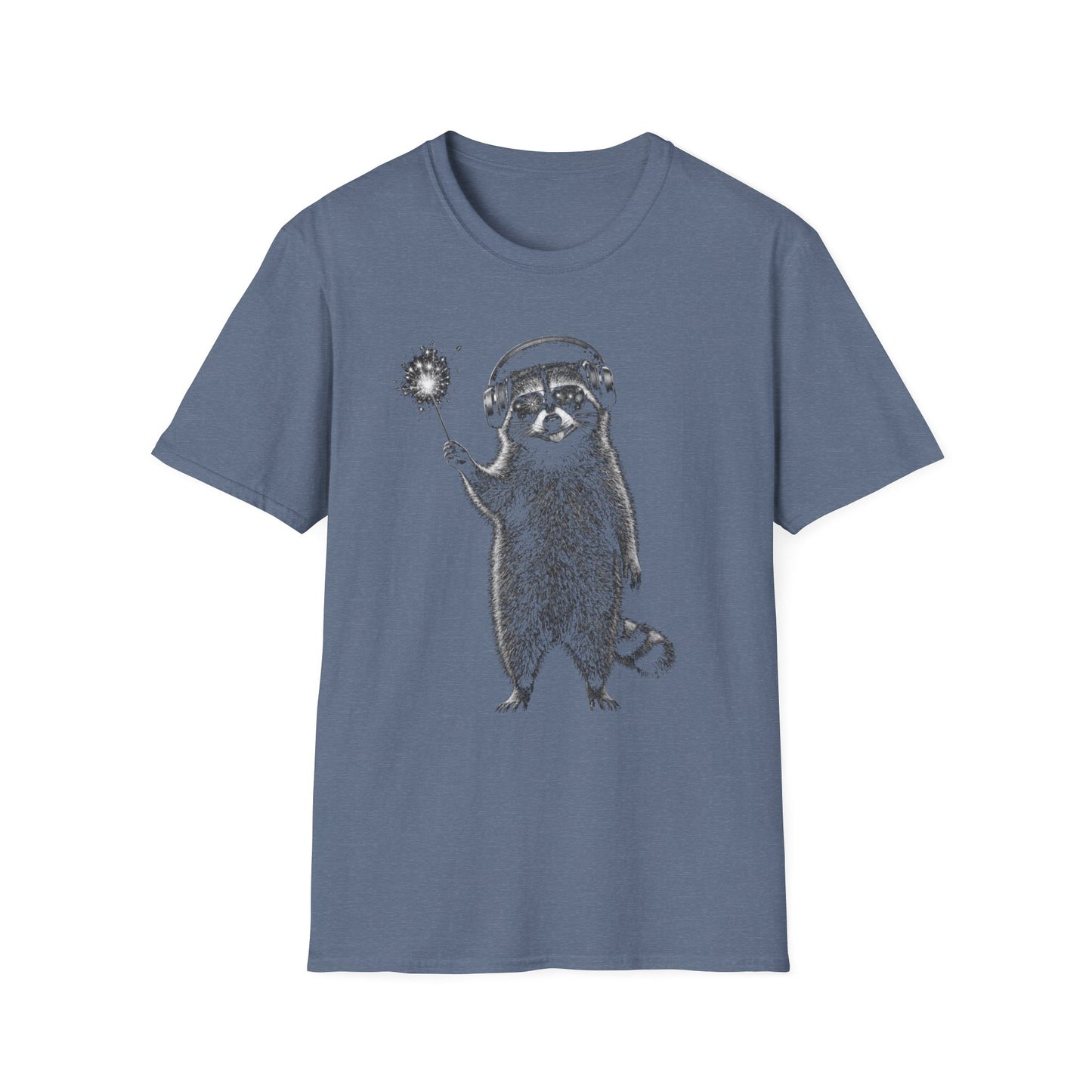 Raccoon with July 4th Sparkler Graphic T-Shirt — Cute Active Noise Canceling (ANC) headphones Raccoon Tee