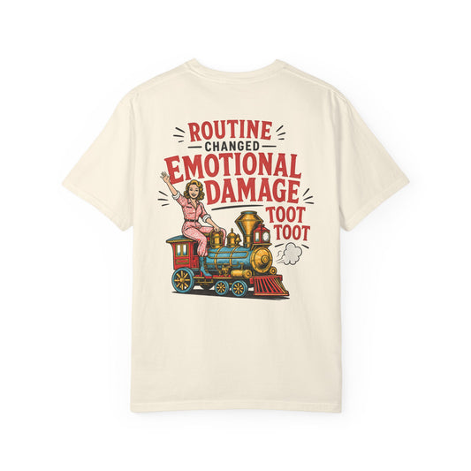 Emotional Damage Train T-Shirt — 'Routine Changed' Vintage Locomotive Graphic BACK PRINT