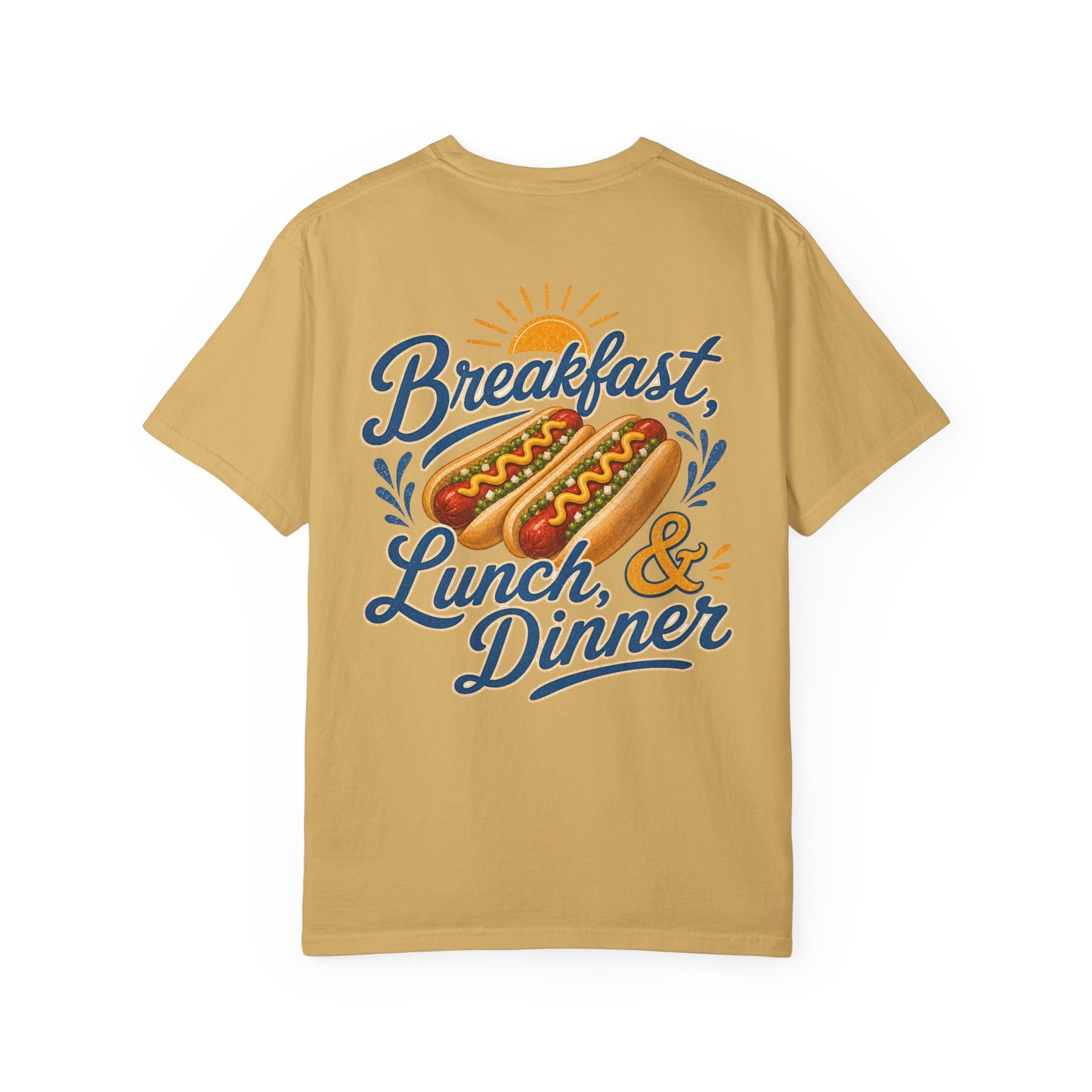 "Breakfast, Lunch & Dinner" Hot Dog Graphic Tee, routine, asd BACK PRINT