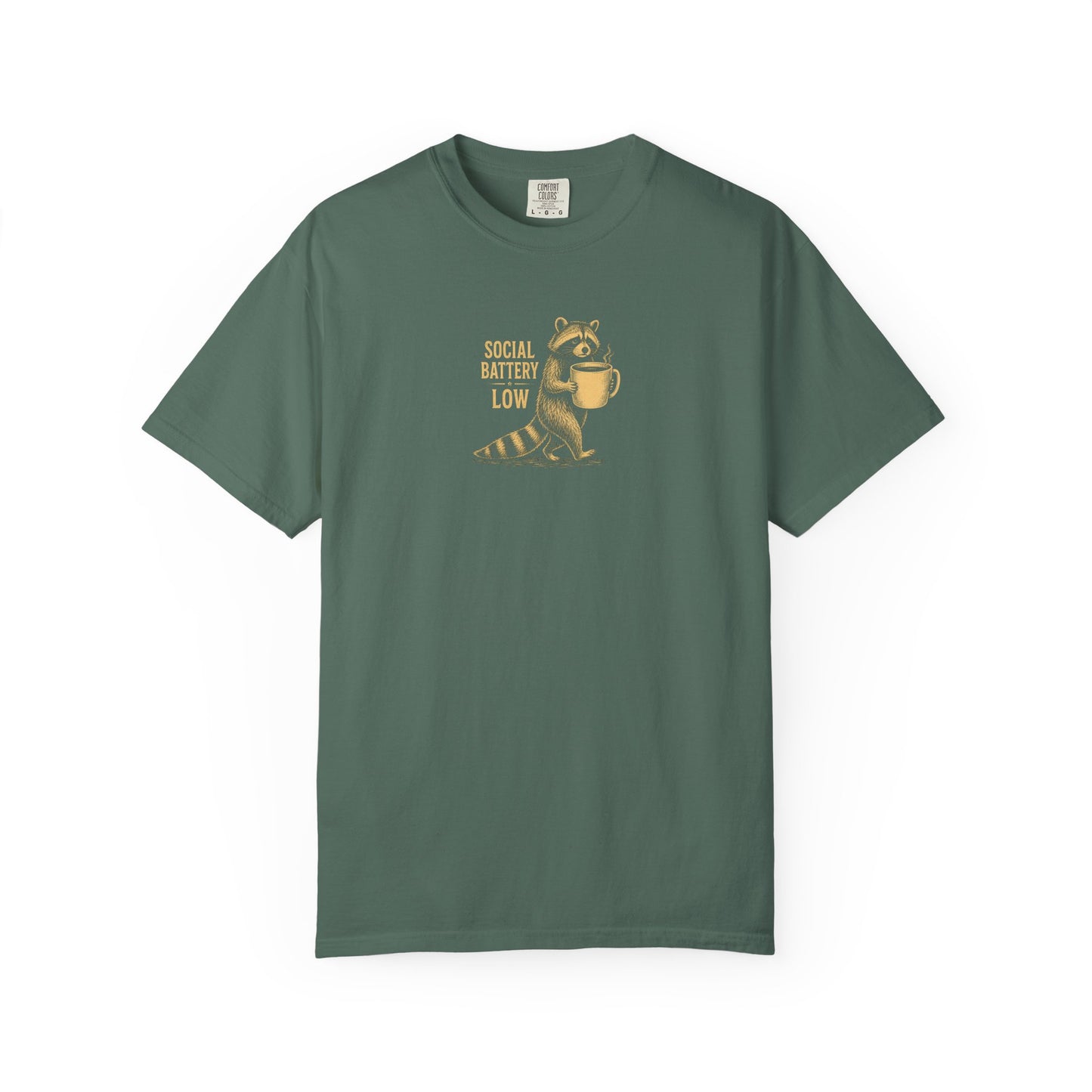 "Social Battery Low" Raccoon Coffee Graphic Tee