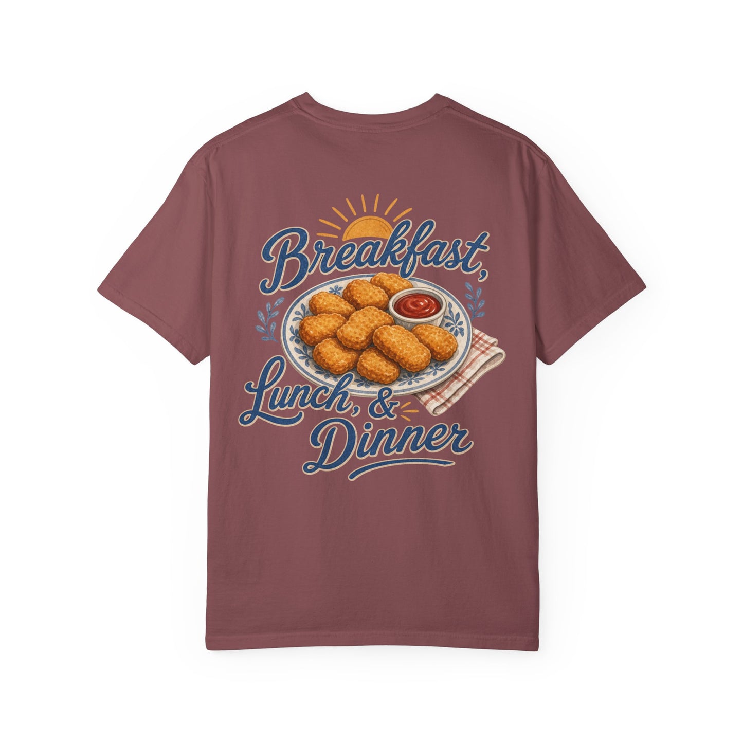 Chicken Nugget T-Shirt — “Breakfast, Lunch & Dinner” Retro Food Graphic Tee Adult BACK PRINT