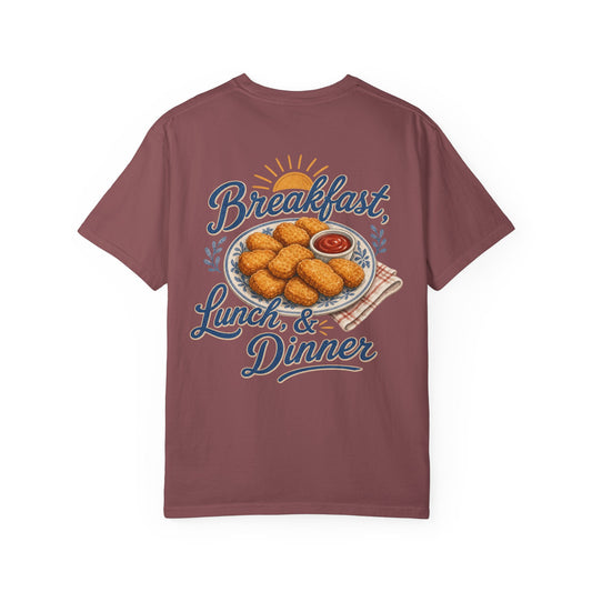 Chicken Nugget T-Shirt — “Breakfast, Lunch & Dinner” Retro Food Graphic Tee Adult BACK PRINT