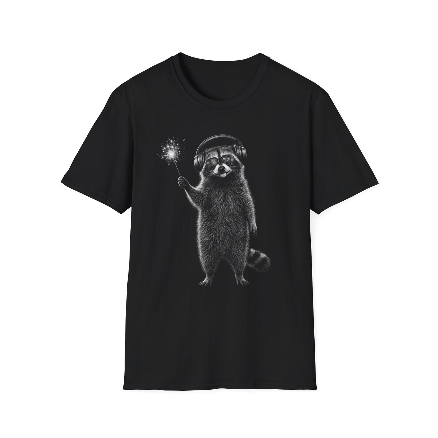 Raccoon with July 4th Sparkler Graphic T-Shirt — Cute Active Noise Canceling (ANC) headphones Raccoon Tee