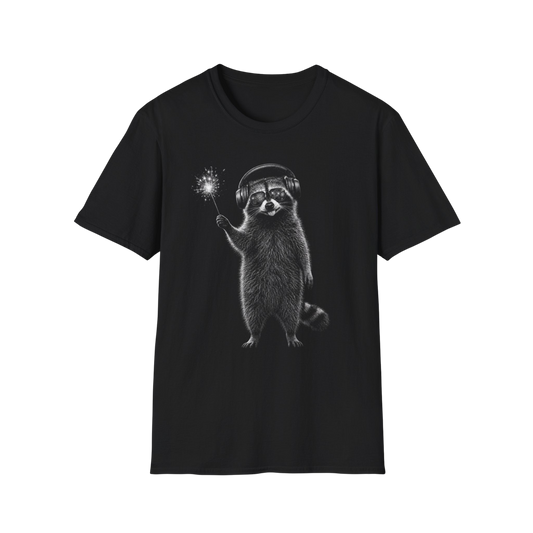 Raccoon with July 4th Sparkler Graphic T-Shirt — Cute Active Noise Canceling (ANC) headphones Raccoon Tee