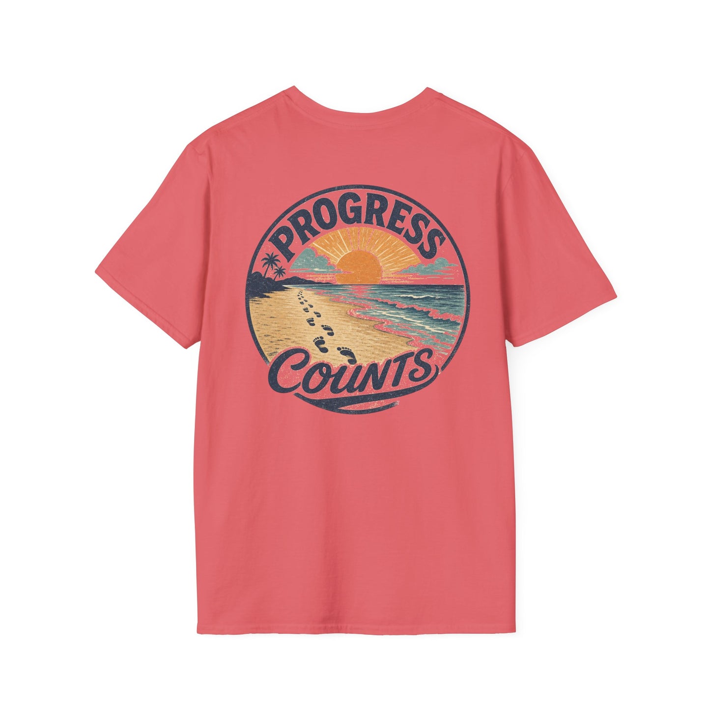 Progress Counts T-Shirt — Vintage Coastal Footprints Sunset