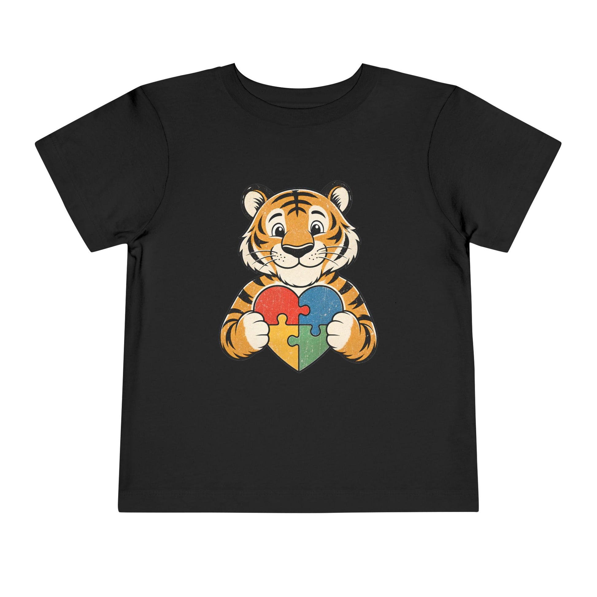 Toddler Tee — Cute Tiger Holding Autism Puzzle Heart - Black, 3T image