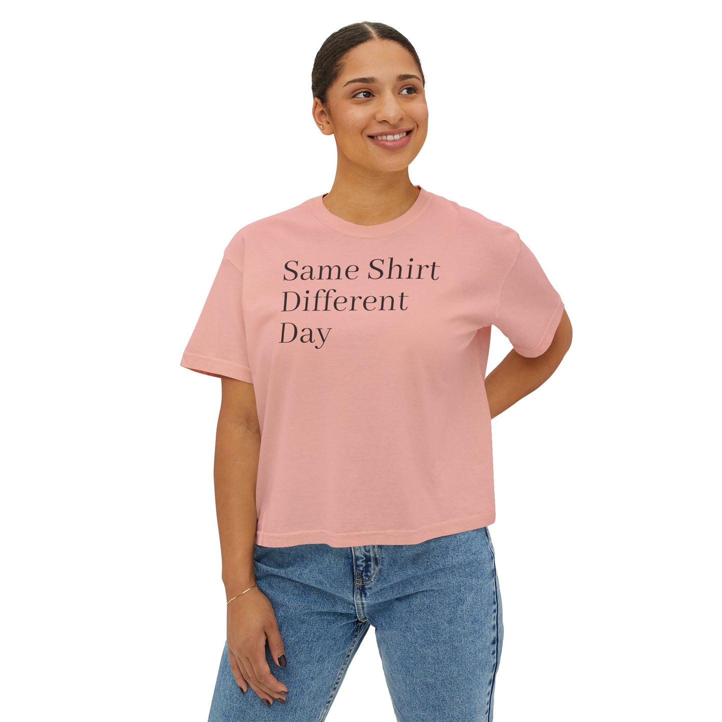 Same Shirt Different Day Boxy Tee — Womens Casual Graphic Tee image 10