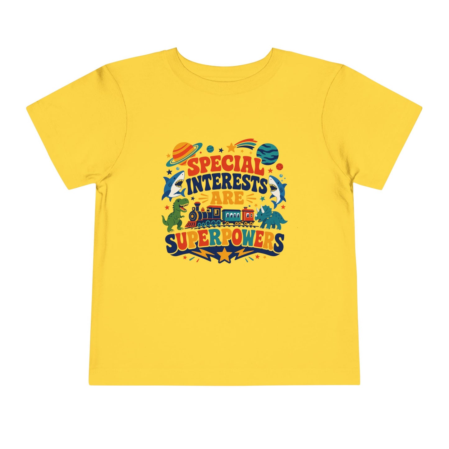 Toddler Tee — “Special Interests Are Superpowers” Colorful Space &amp; Dino Graphic - Yellow, 3T image