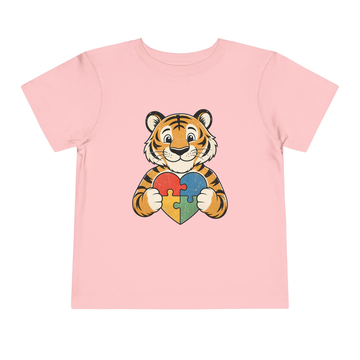 Toddler Tee — Cute Tiger Holding Autism Puzzle Heart - Pink, 2T image