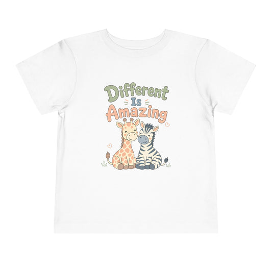 Toddler Tee — "Different Is Amazing" Giraffe &amp; Zebra Diversity Kids Shirt image 0