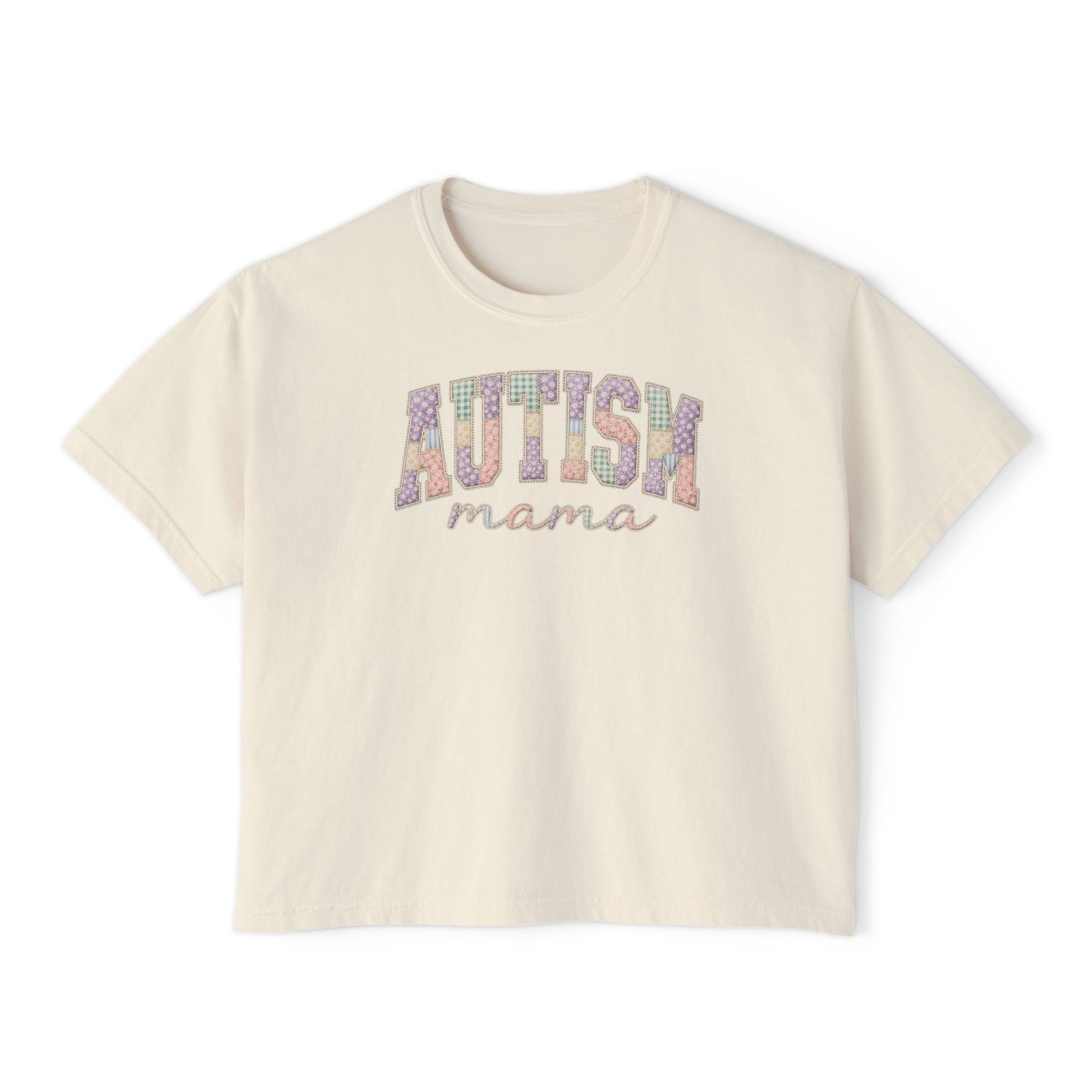 Autism Mama Boxy Tee — Pastel Patchwork Lettering T‑Shirt image