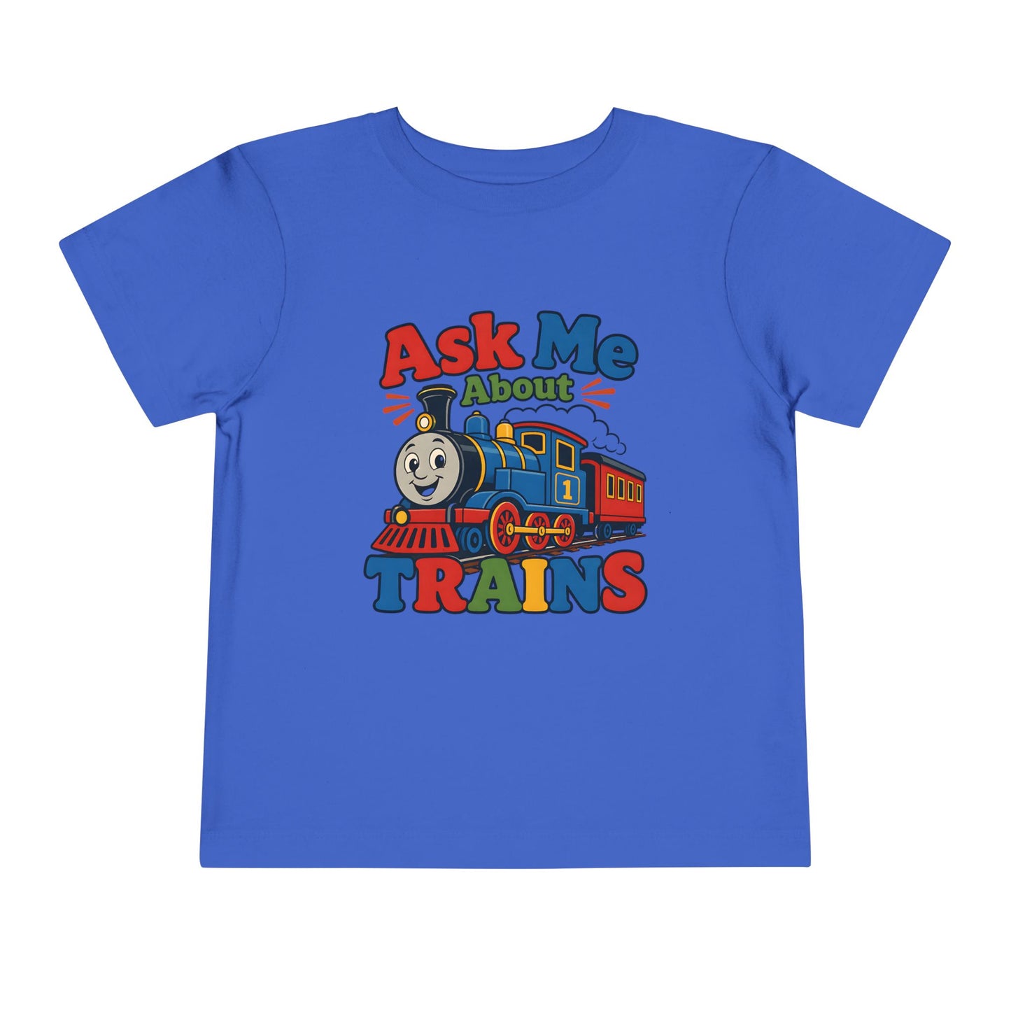 Toddler Tee — "Ask Me About Trains" Cute Kids Train Graphic Shirt - True Royal, 5T image