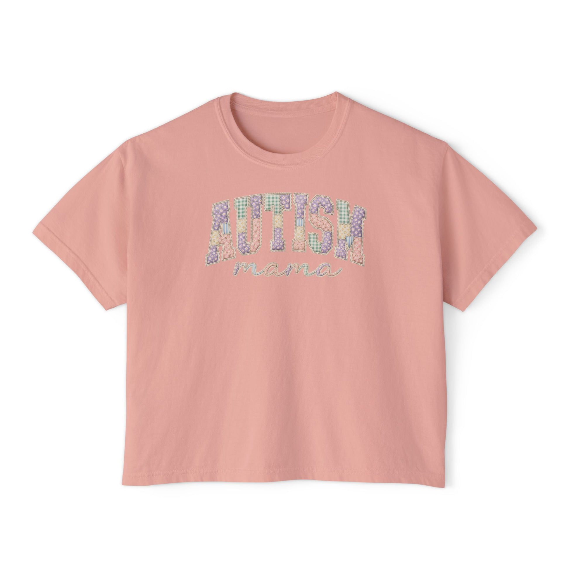 Autism Mama Boxy Tee — Pastel Patchwork Lettering T‑Shirt image