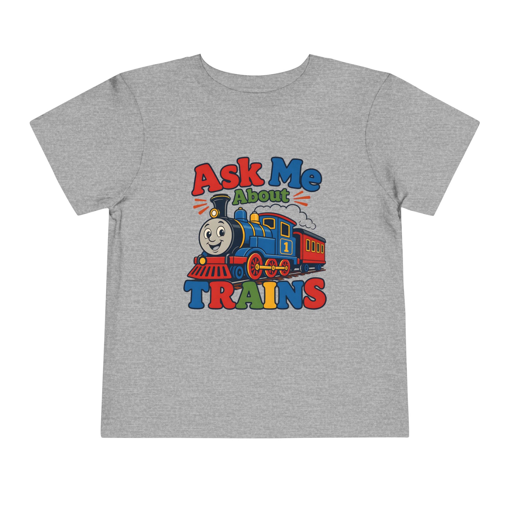 Toddler Tee — "Ask Me About Trains" Cute Kids Train Graphic Shirt - Athletic Heather, 4T image