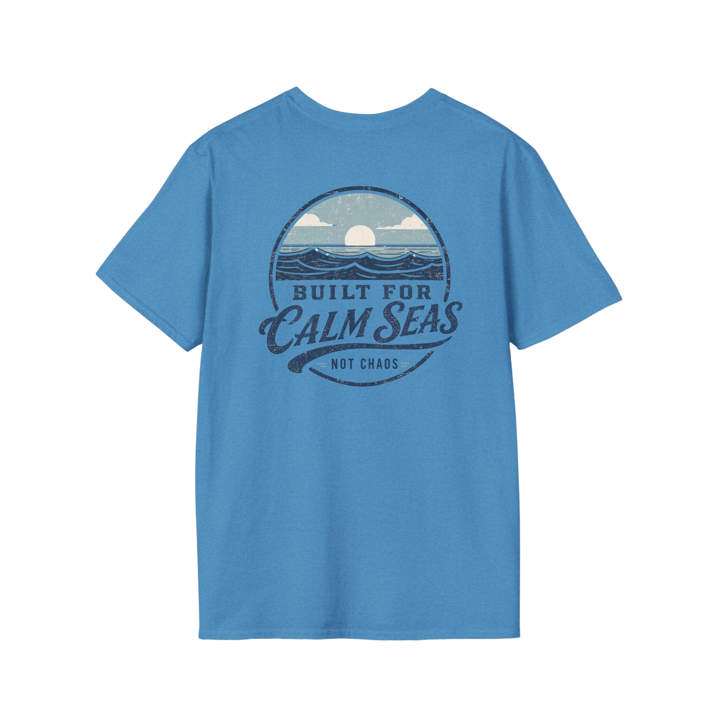 Au.Thentic.Tees blue cotton t-shirt featuring a vintage circular graphic of a sun over waves with Built for Calm Seas text