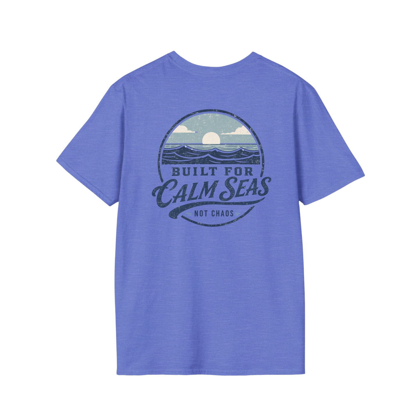 Au.Thentic.Tees blue cotton t-shirt featuring a vintage circular graphic of a sun over waves and coastal text.