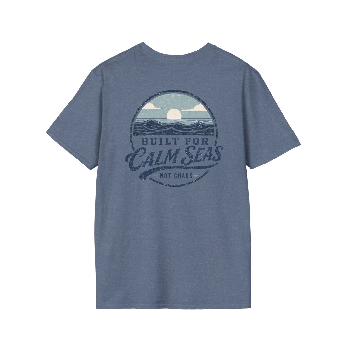 Au.Thentic.Tees blue cotton t-shirt featuring a vintage circular graphic of a sun over waves and coastal text.