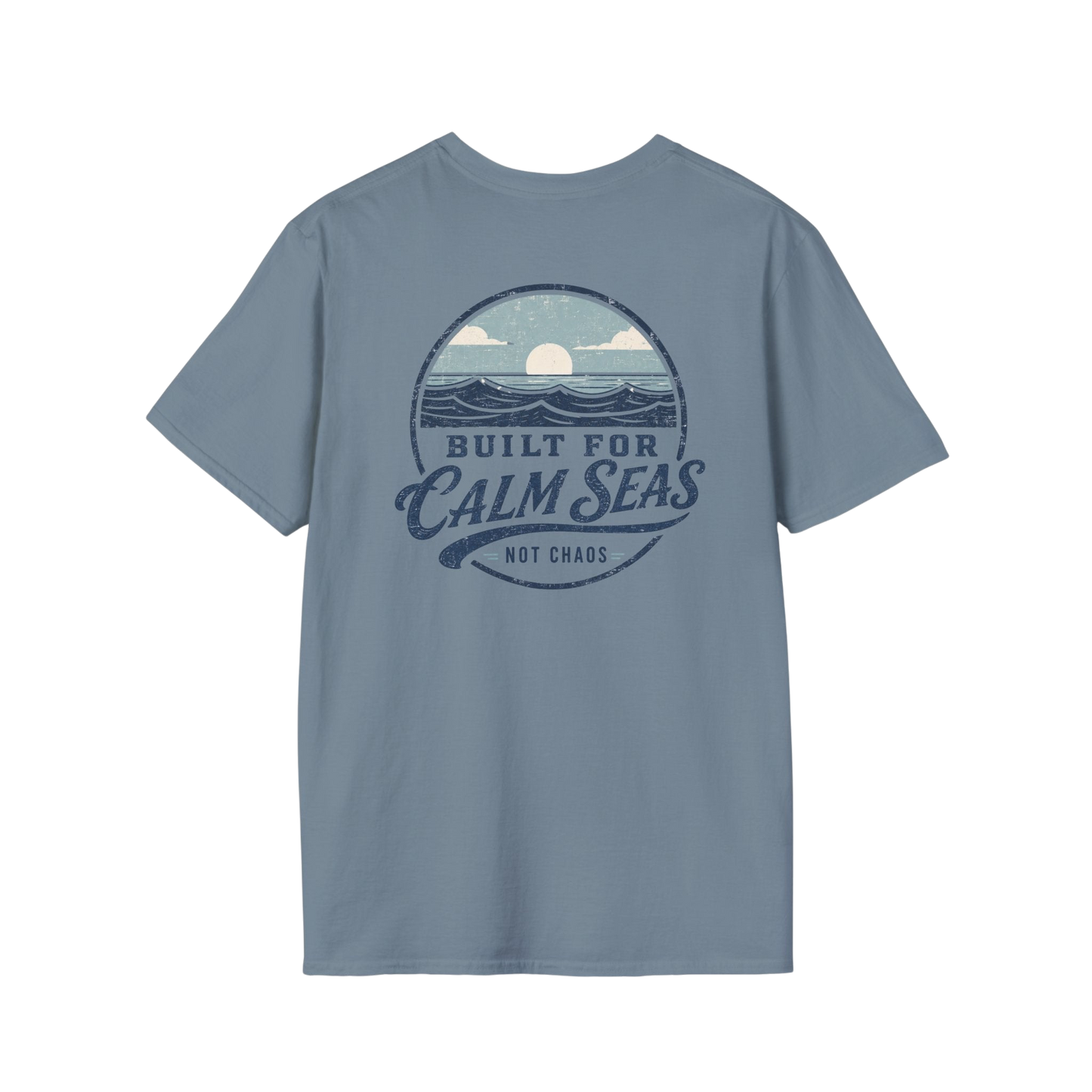 Au.Thentic.Tees blue cotton t-shirt featuring a vintage circular graphic of a sun over waves and calm seas text.