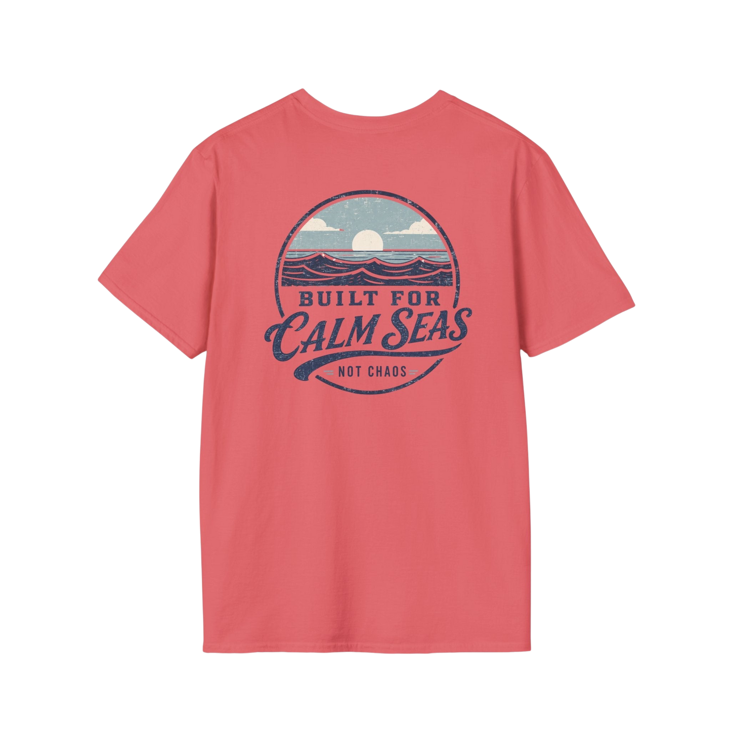 Au.Thentic.Tees coral cotton t-shirt featuring a vintage circular graphic of a sun over waves and coastal text.