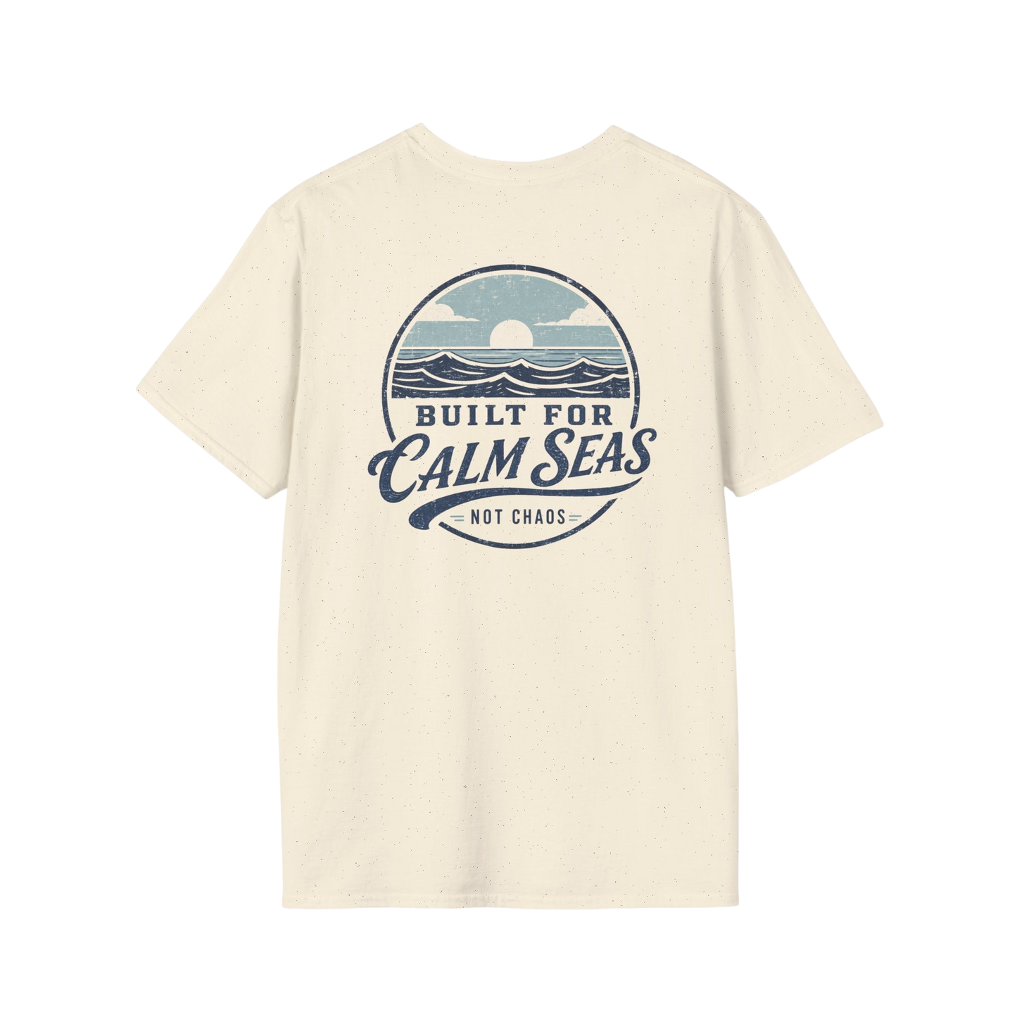 Au.Thentic.Tees cream cotton t-shirt featuring a vintage circular graphic of a sun over waves and Built for Calm Seas text.