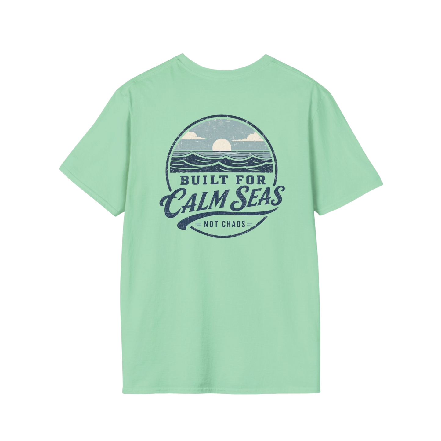 Au.Thentic.Tees light green cotton t-shirt featuring a vintage circular graphic of a sun over waves on the back.