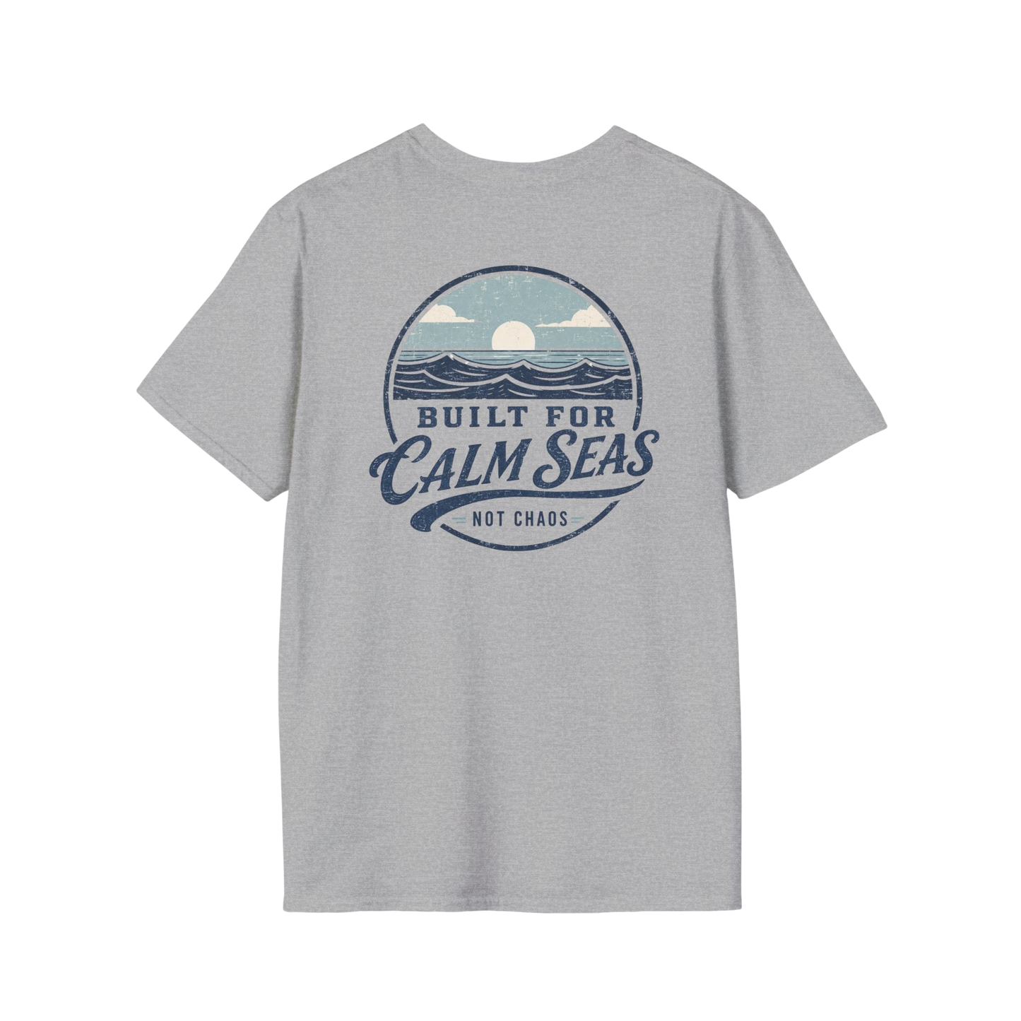 Au.Thentic.Tees grey cotton t-shirt featuring a vintage circular graphic of a sun over waves and Built for Calm Seas text
