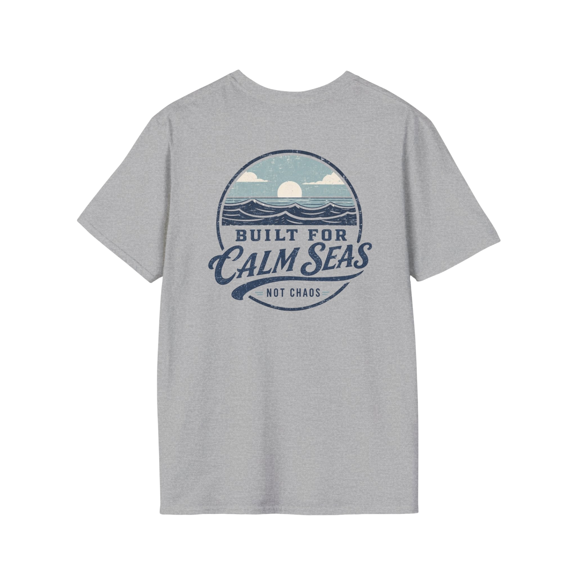 Au.Thentic.Tees grey cotton t-shirt featuring a vintage circular graphic of a sun over waves and Built for Calm Seas text