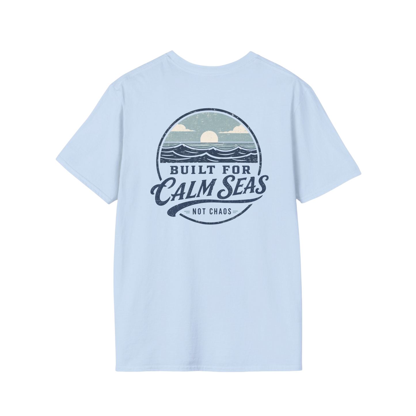 Au.Thentic.Tees light blue cotton t-shirt featuring a vintage circular graphic of a sun over waves on the back.