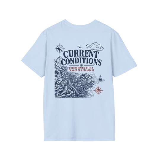 Au.Thentic.Tees light blue graphic t-shirt featuring a vintage nautical lighthouse illustration on the back.
