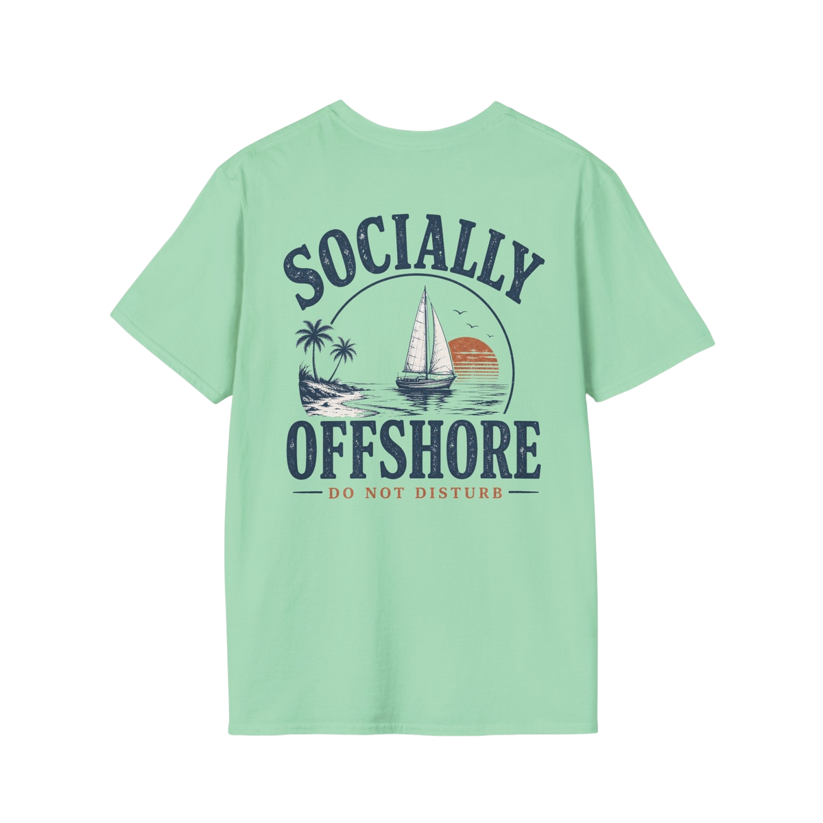 Au.Thentic.Tees mint green graphic t-shirt featuring a sailboat, tropical island, and sunset design on the back.