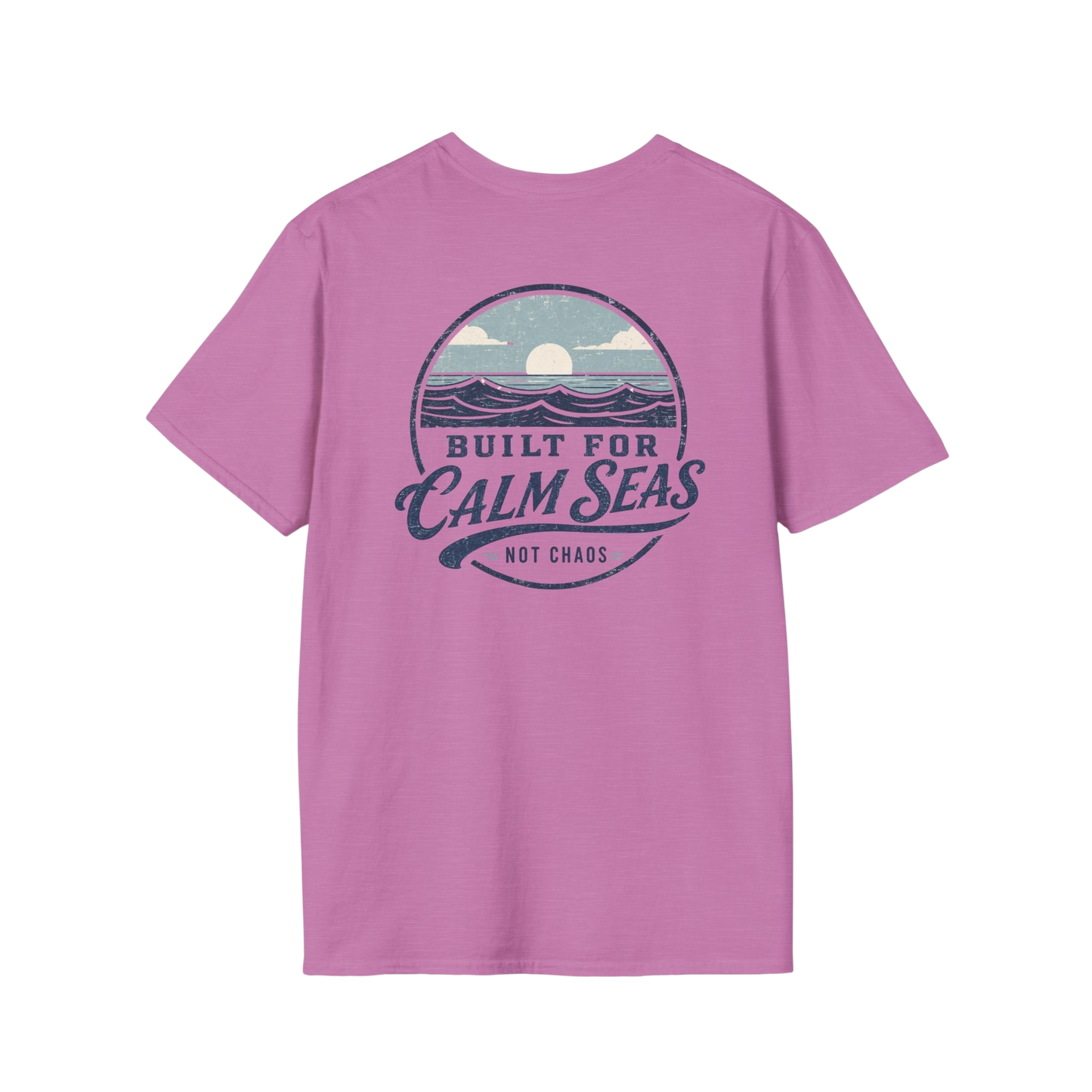 Au.Thentic.Tees pink cotton t-shirt featuring a vintage circular graphic of a sun over waves with Built for Calm Seas text