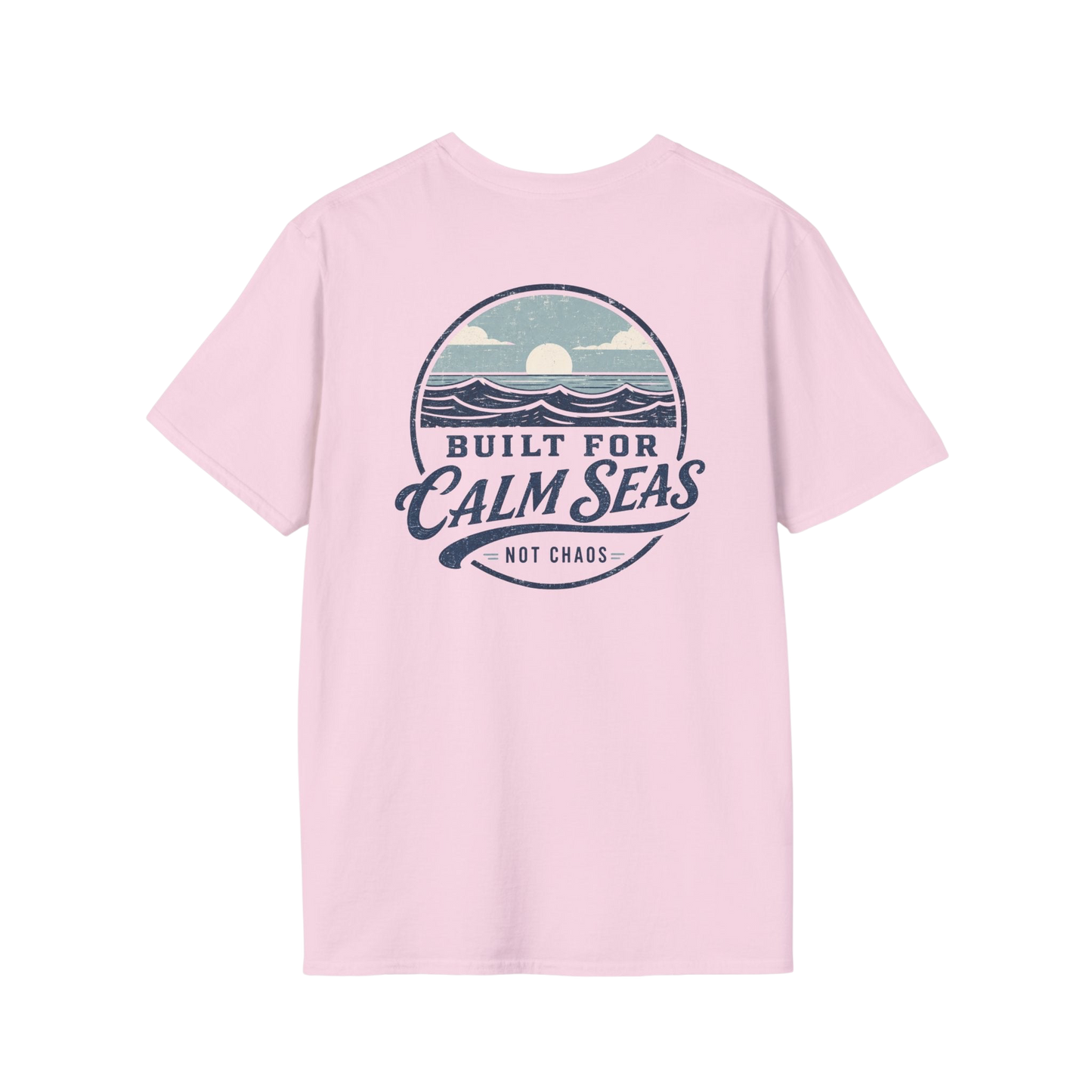 Au.Thentic.Tees light pink cotton t-shirt featuring a vintage circular graphic of a sun over waves on the back.