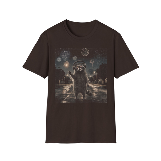 Au.Thentic.Tees dark brown cotton crew neck t-shirt featuring a raccoon wearing headphones under a fireworks night sky.