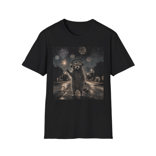 Au.Thentic.Tees black cotton crew neck t-shirt featuring a raccoon wearing headphones under night fireworks.