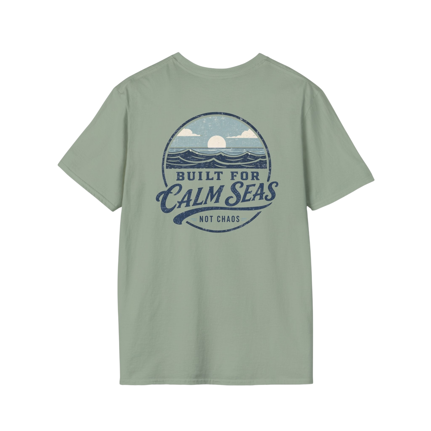Au.Thentic.Tees sage green cotton t-shirt featuring a vintage circular graphic of a sun over waves on the back.