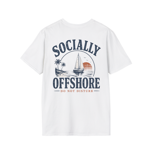 Au.Thentic.Tees white cotton t-shirt featuring a vintage sailboat sunset graphic on the back with Socially Offshore text.