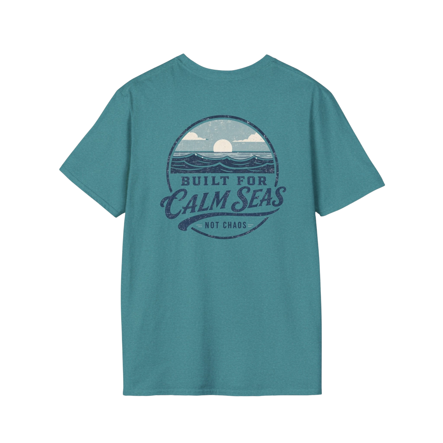 Au.Thentic.Tees teal cotton t-shirt featuring a vintage circular graphic of a sun over waves with Built for Calm Seas
