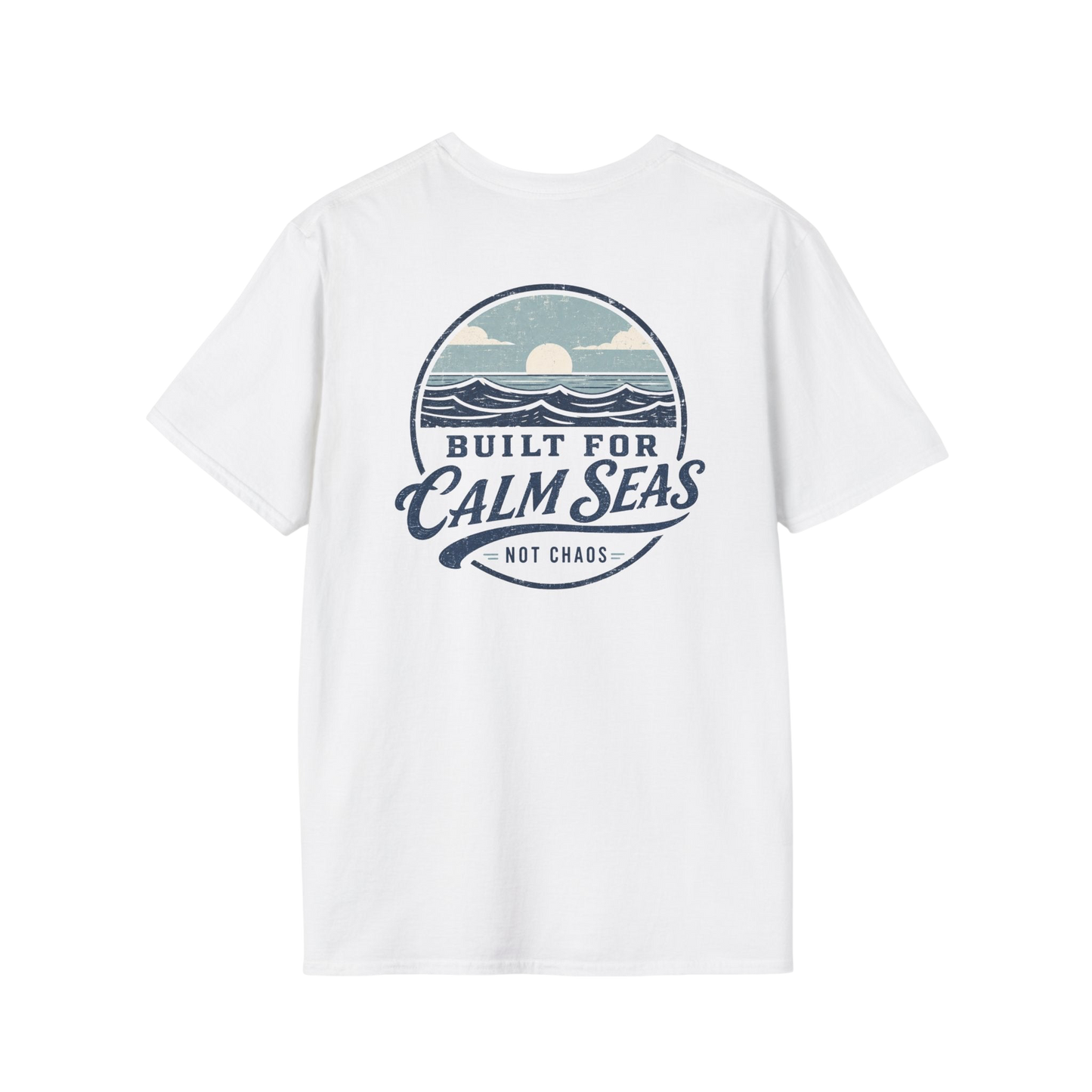 Au.Thentic.Tees white cotton t-shirt featuring a vintage circular graphic of a sun over waves and calm seas text.