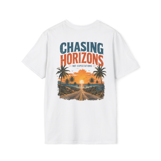 Au.Thentic.Tees white graphic t-shirt featuring a retro coastal highway sunset illustration on the back.