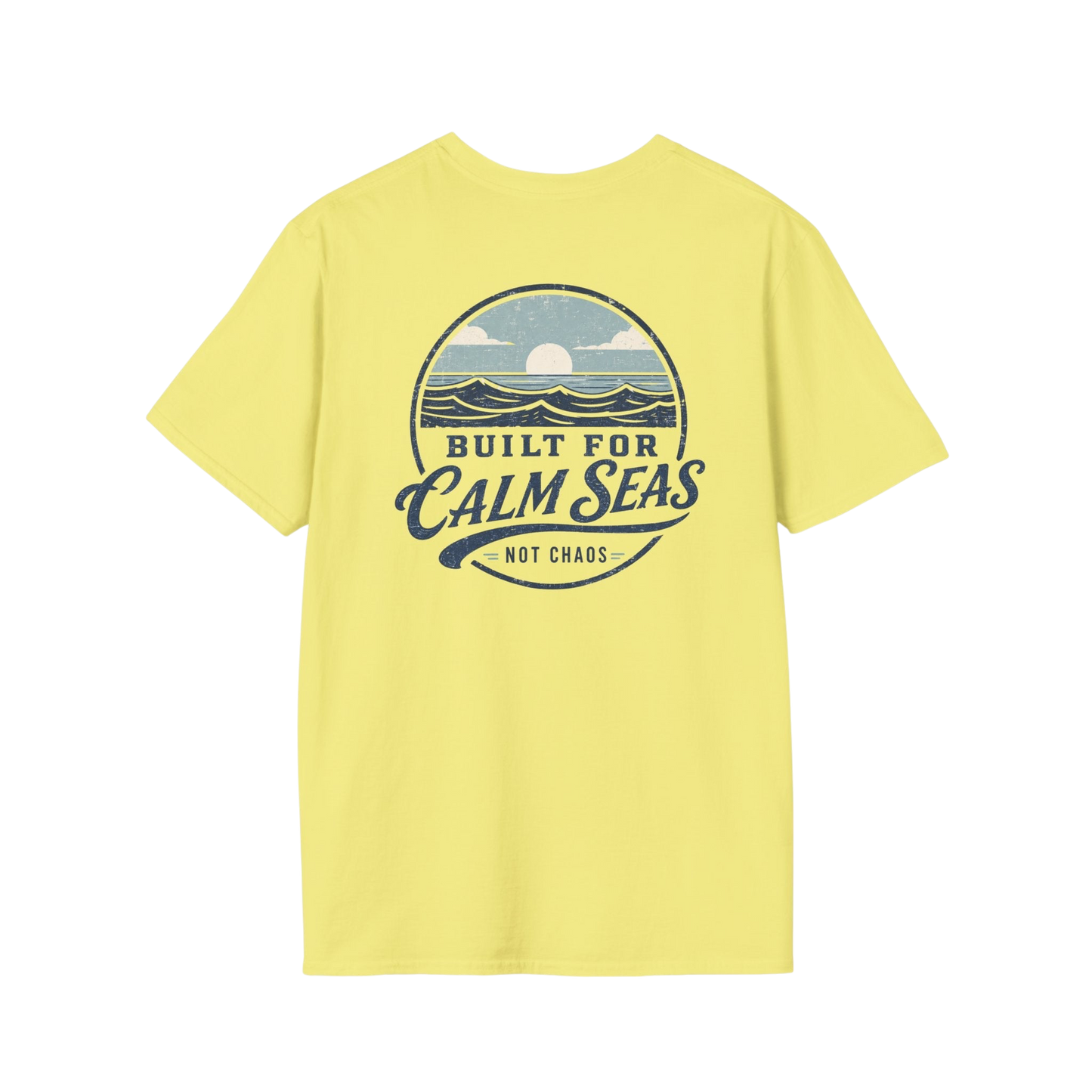 Au.Thentic.Tees yellow cotton t-shirt featuring a vintage circular graphic of a sun over waves on the back