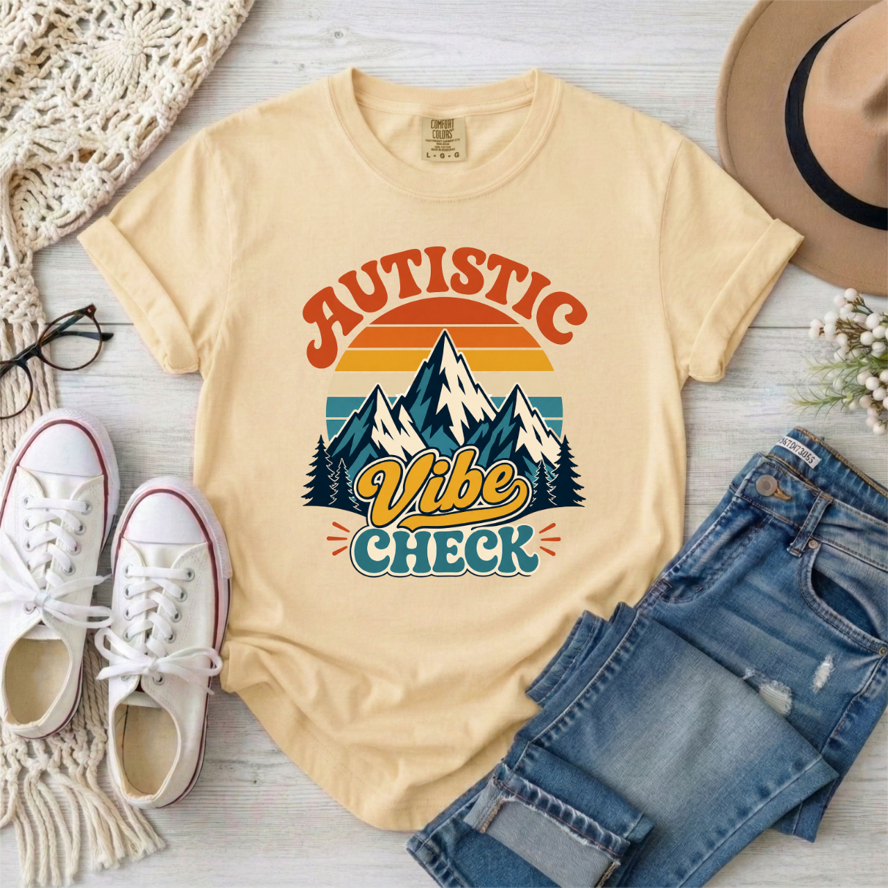 "Autistic Vibe Check" Retro Mountain Graphic Tee Shirt