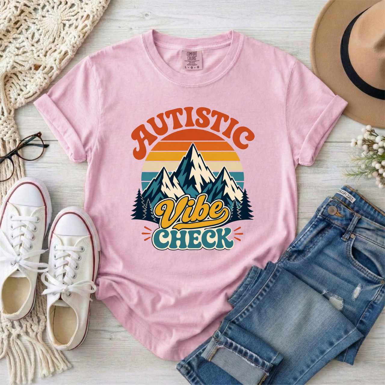 "Autistic Vibe Check" Retro Mountain Graphic Tee Shirt