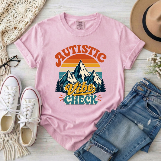 "Autistic Vibe Check" Retro Mountain Graphic Tee Shirt