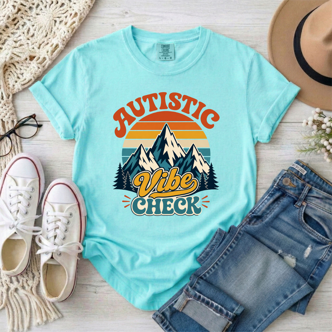 "Autistic Vibe Check" Retro Mountain Graphic Tee Shirt