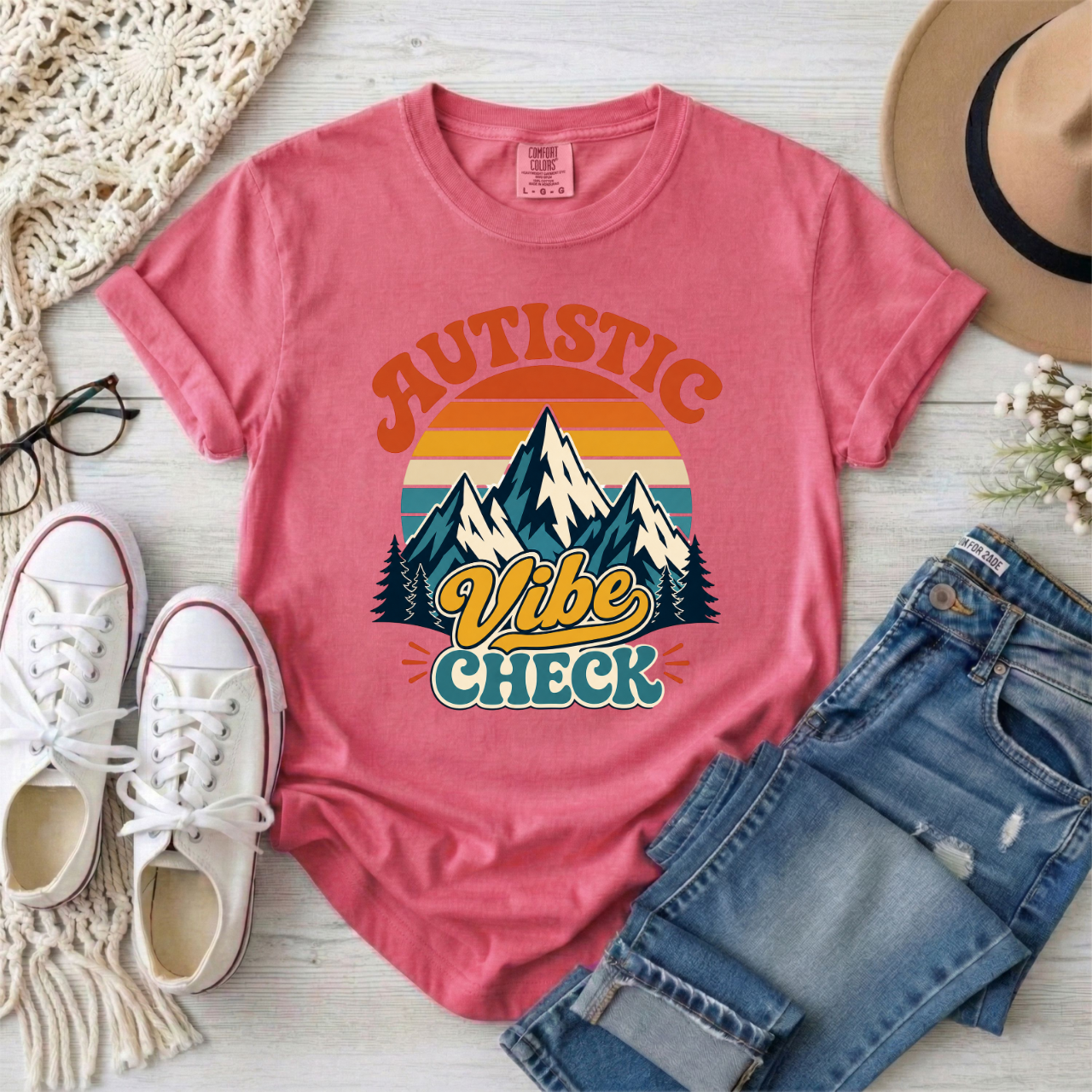 "Autistic Vibe Check" Retro Mountain Graphic Tee Shirt