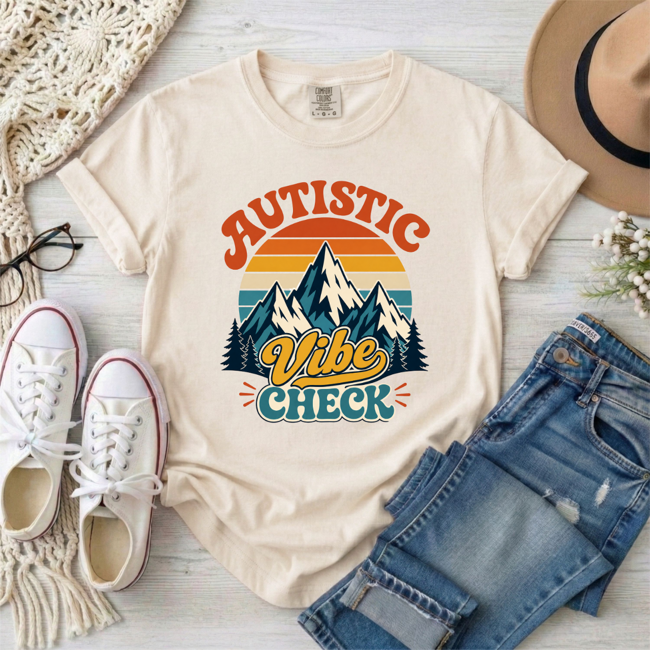 "Autistic Vibe Check" Retro Mountain Graphic Tee Shirt